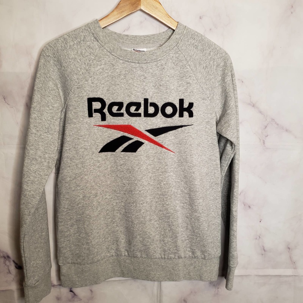 Reebok Logo Gray Fuzzy Patch Pullover Sweatshirt S - image 1